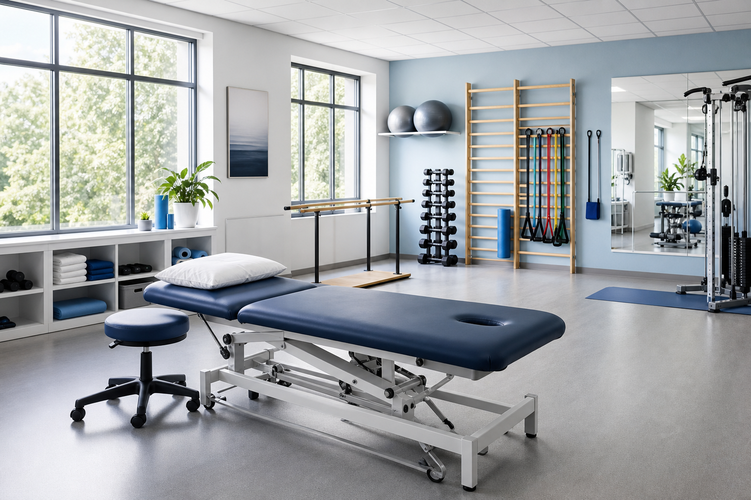 Sala de kinesiología y rehabilitación de CEKYM con camilla de tratamiento y equipamiento